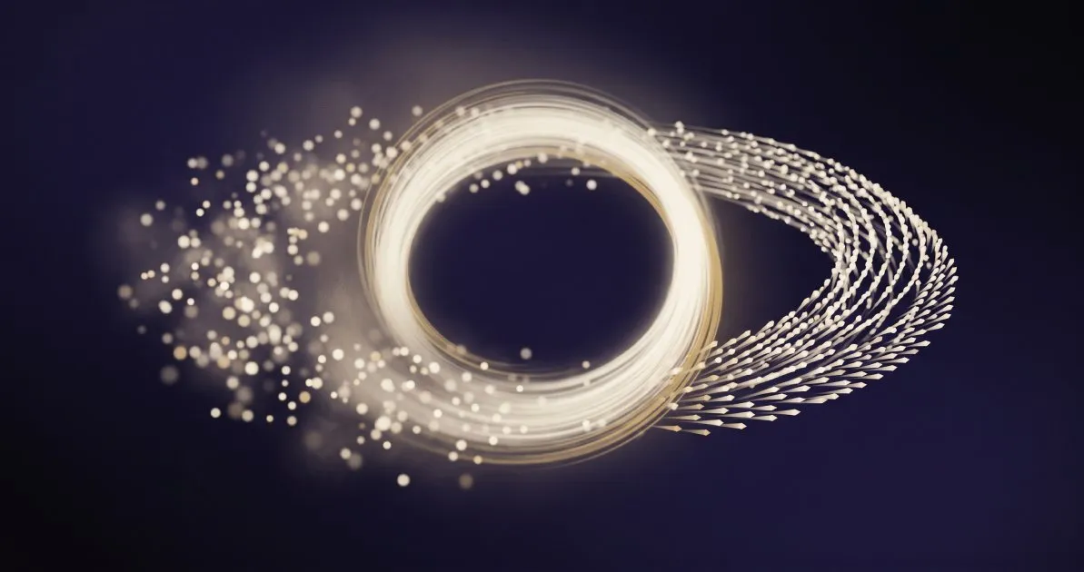 Abstract editorial illustration of a luminous refinement loop, diffuse particles on one side resolving into a sharp ordered stream on the other, against a deep midnight gradient.
