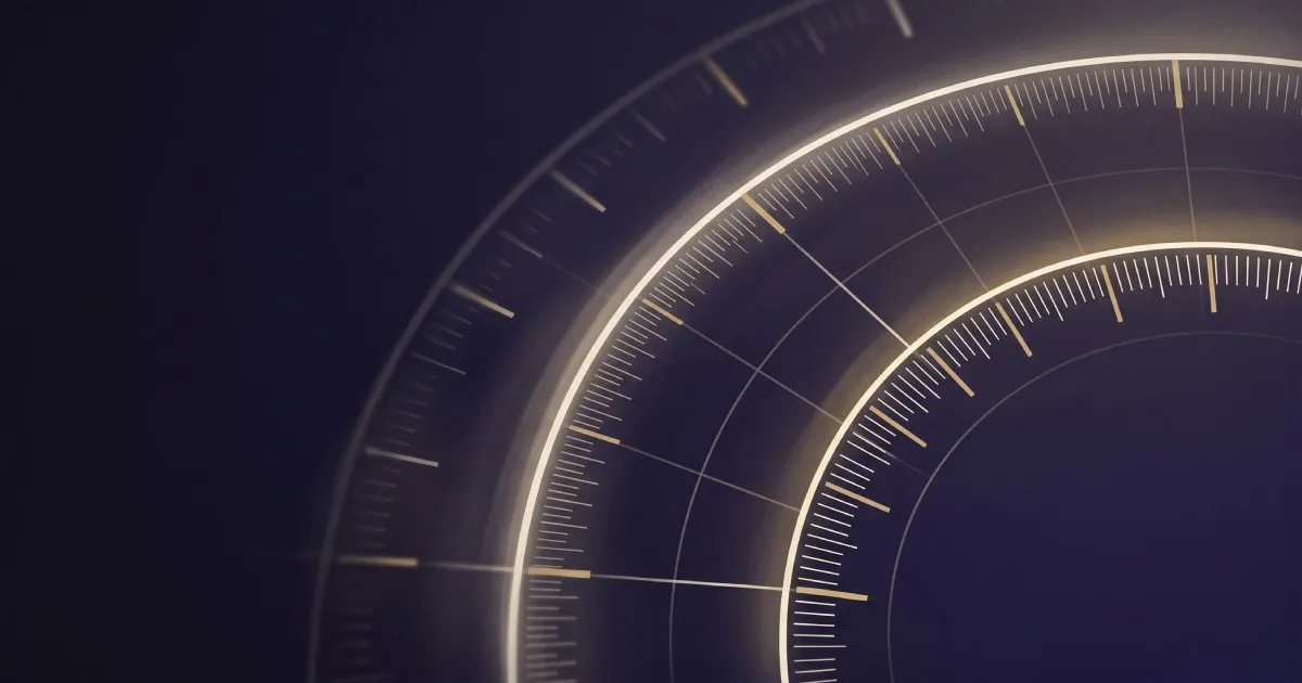 Abstract editorial illustration evoking measurement and calibration: precise luminous gridlines and gauge-like arcs resolving out of a deep midnight field, with warm wheat-gold accents.