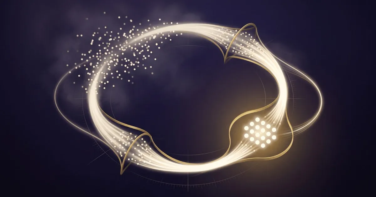 Abstract editorial illustration of a luminous circular reasoning loop drawing scattered points inward through weighing thresholds into ordered equilibrium, with a feedback filament, symbolizing a triage framework that learns.