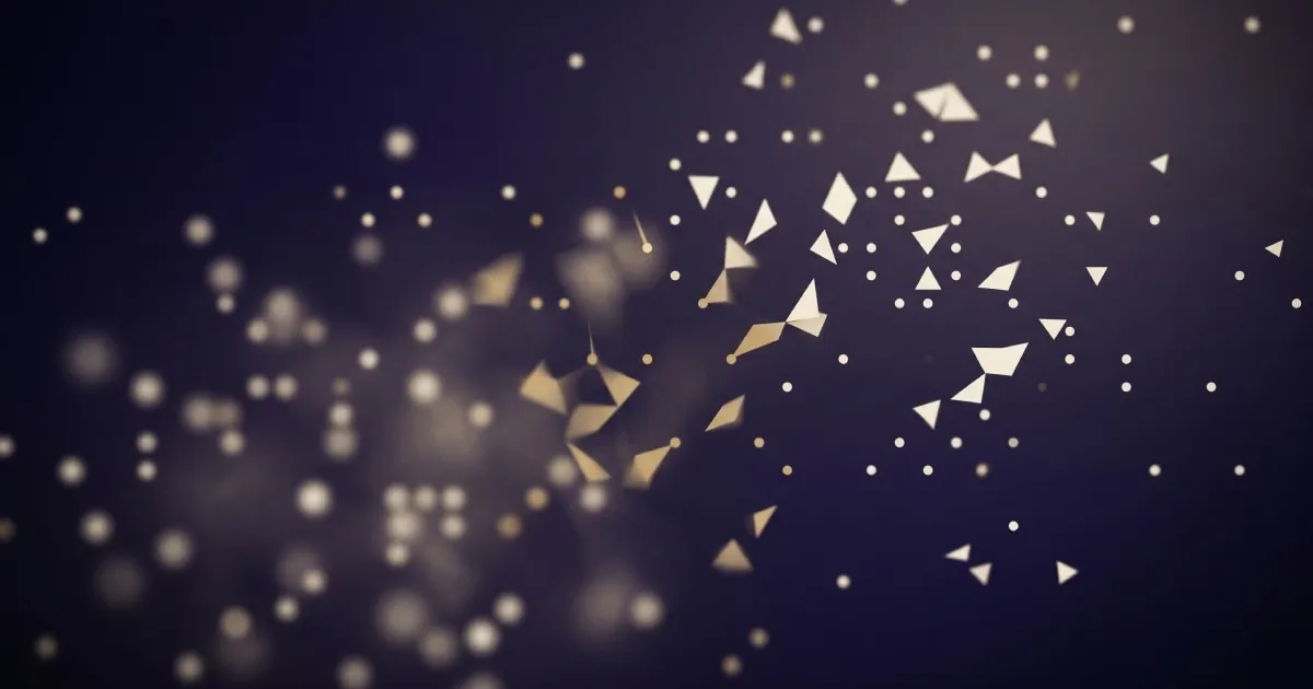 Abstract editorial illustration of uncertainty resolving into clarity: a field of diffuse luminous points where some sharpen into defined form while others remain deliberately unresolved, against a deep midnight gradient with warm wheat-gold accents.