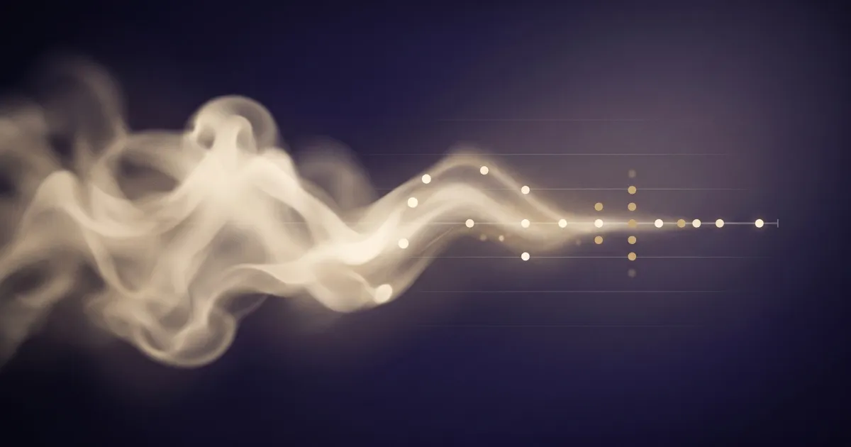 Abstract editorial illustration of evidence resolving into mathematical certainty: weighted luminous forms balancing across a measured scale of light against a deep midnight gradient, with warm wheat-gold accents.
